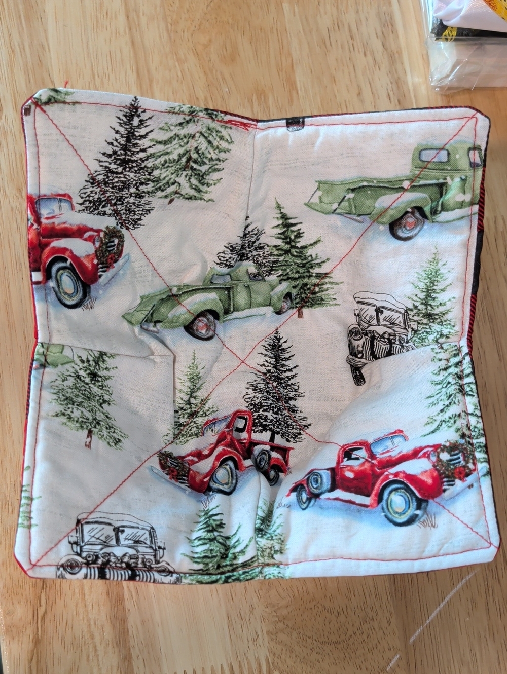 Hand Crafted Red & Green Vintage Truck Quilted Square Bowl Koozie